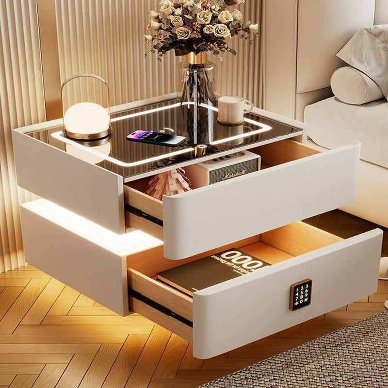 Modern Luxury Rock Panel Tempered Glass Microfiber Leather Solid Wood Rounded Nightstand 2-Drawer For Bedroom