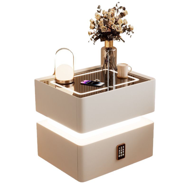Modern Luxury Rock Panel Tempered Glass Microfiber Leather Solid Wood Rounded Nightstand 2-Drawer For Bedroom