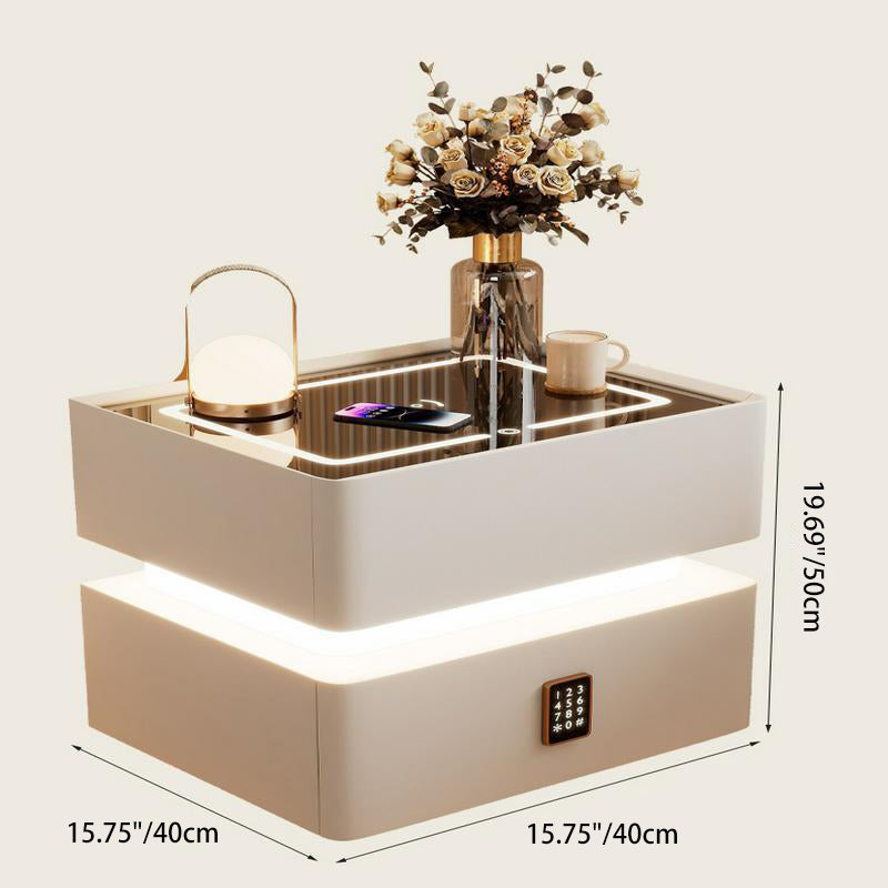Modern Luxury Rock Panel Tempered Glass Microfiber Leather Solid Wood Rounded Nightstand 2-Drawer For Bedroom