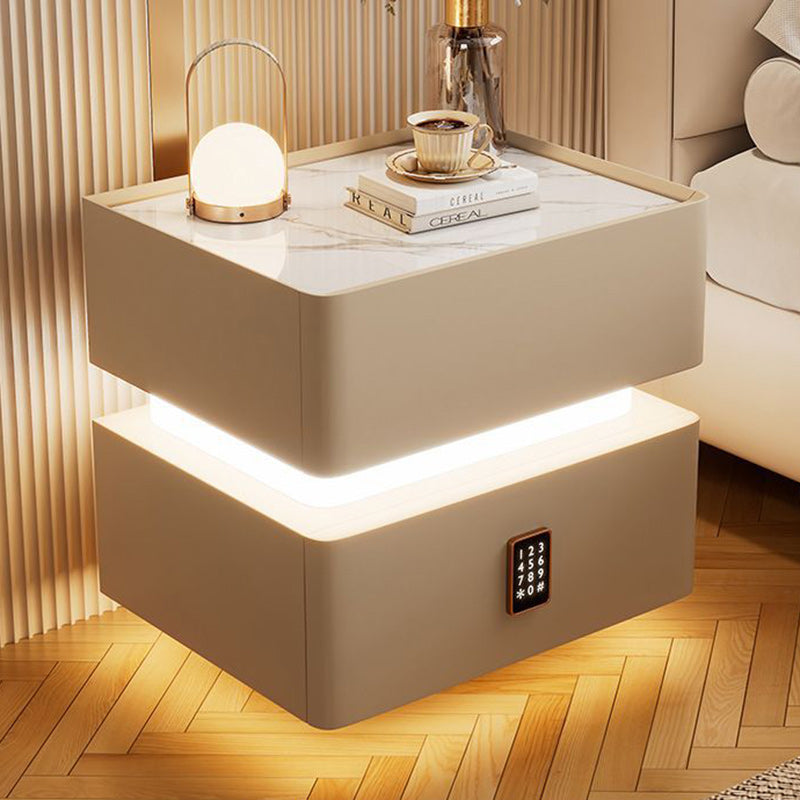 Modern Luxury Rock Panel Tempered Glass Microfiber Leather Solid Wood Rounded Nightstand 2-Drawer For Bedroom