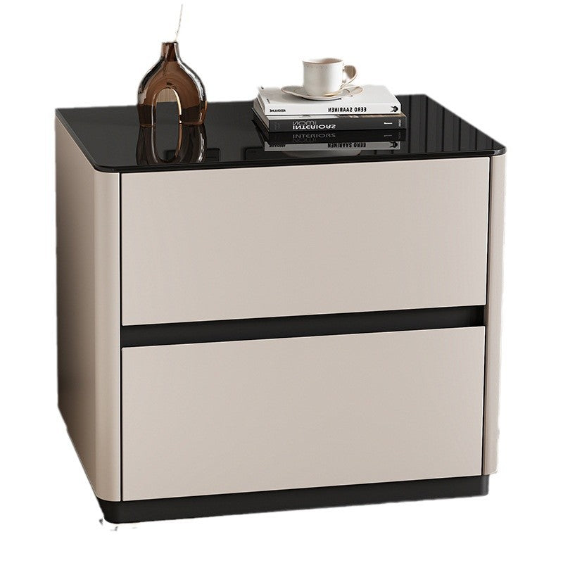Modern Luxury Tempered Glass Solid Wood Rounded Rectangular Nightstand 2-Drawer For Bedroom