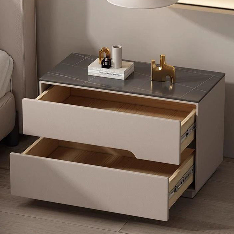 Modern Luxury Sintered Stone Microfiber Leather Solid Wood Rectangular Nightstand 2-Drawer For Bedroom