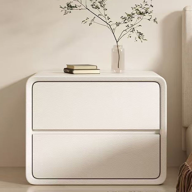 Modern Minimalist Faux Leather Solid Wood Rounded Rectangular Nightstand 2-Drawer For Bedroom