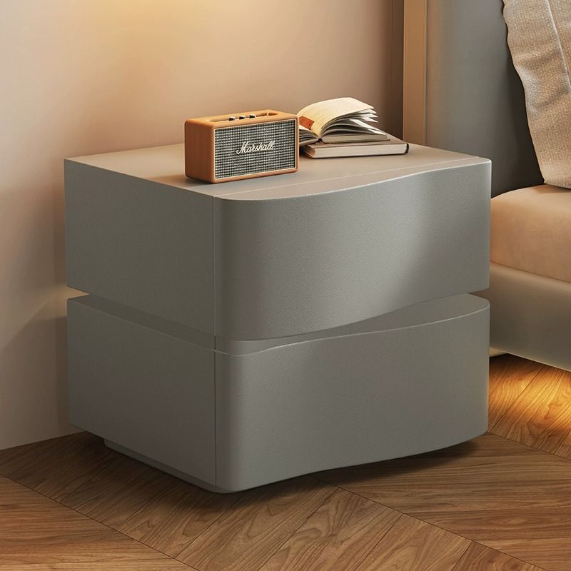 Contemporary Creative Solid Wood Faux Leather Curved Rectangular Nightstand 2-Drawer For Bedroom
