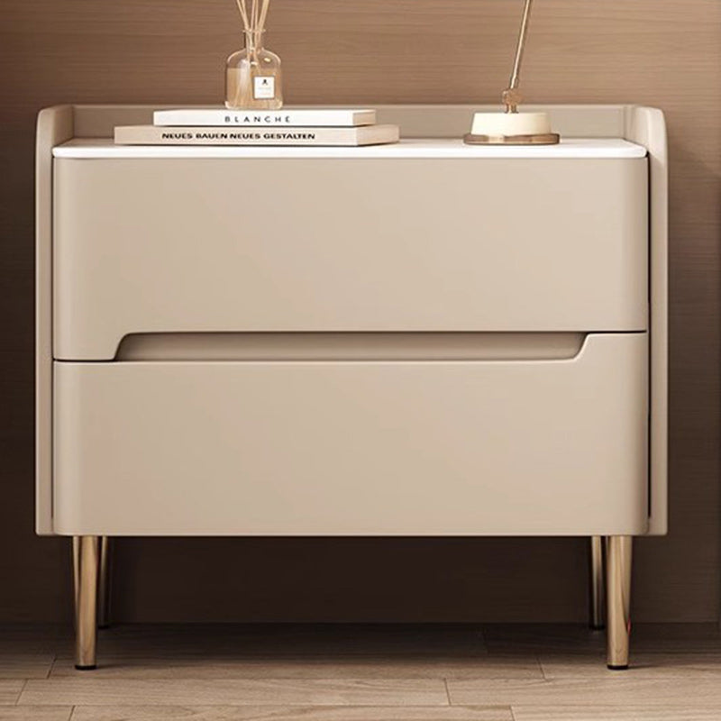 Modern Luxury Sintered Stone Faux Leather Wood Cylindrical Rectangular Nightstand 2-Drawer For Bedroom