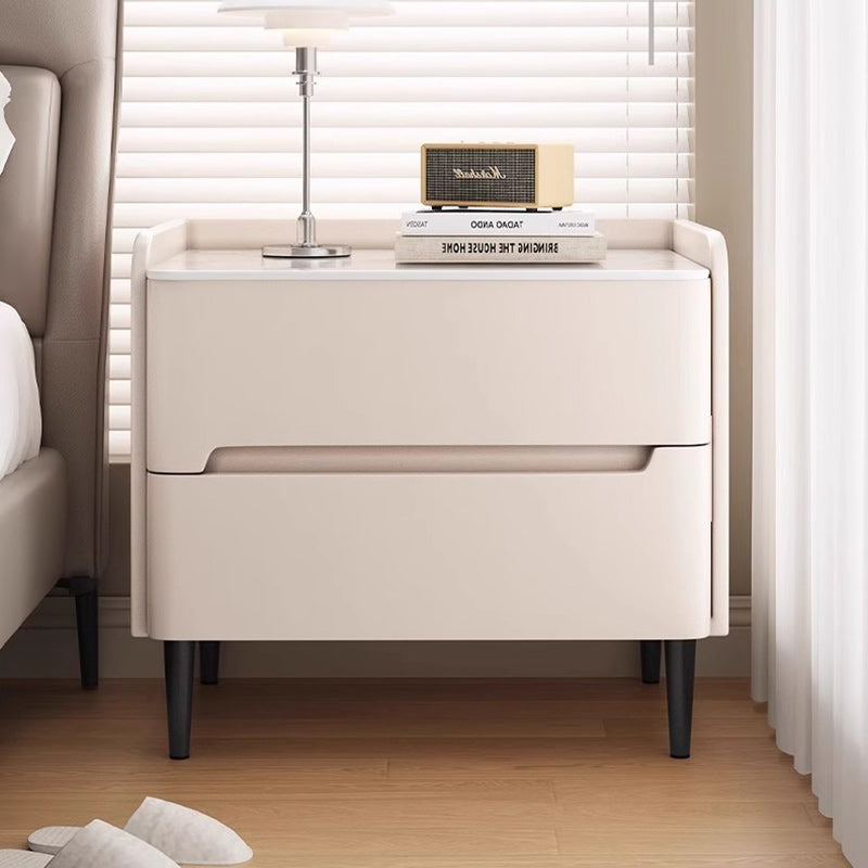 Modern Luxury Sintered Stone Faux Leather Wood Cylindrical Rectangular Nightstand 2-Drawer For Bedroom