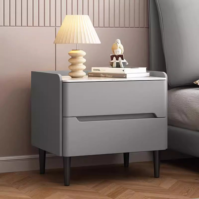 Modern Luxury Sintered Stone Faux Leather Wood Cylindrical Rectangular Nightstand 2-Drawer For Bedroom