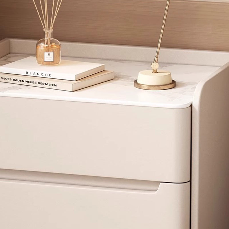 Modern Luxury Sintered Stone Faux Leather Wood Cylindrical Rectangular Nightstand 2-Drawer For Bedroom