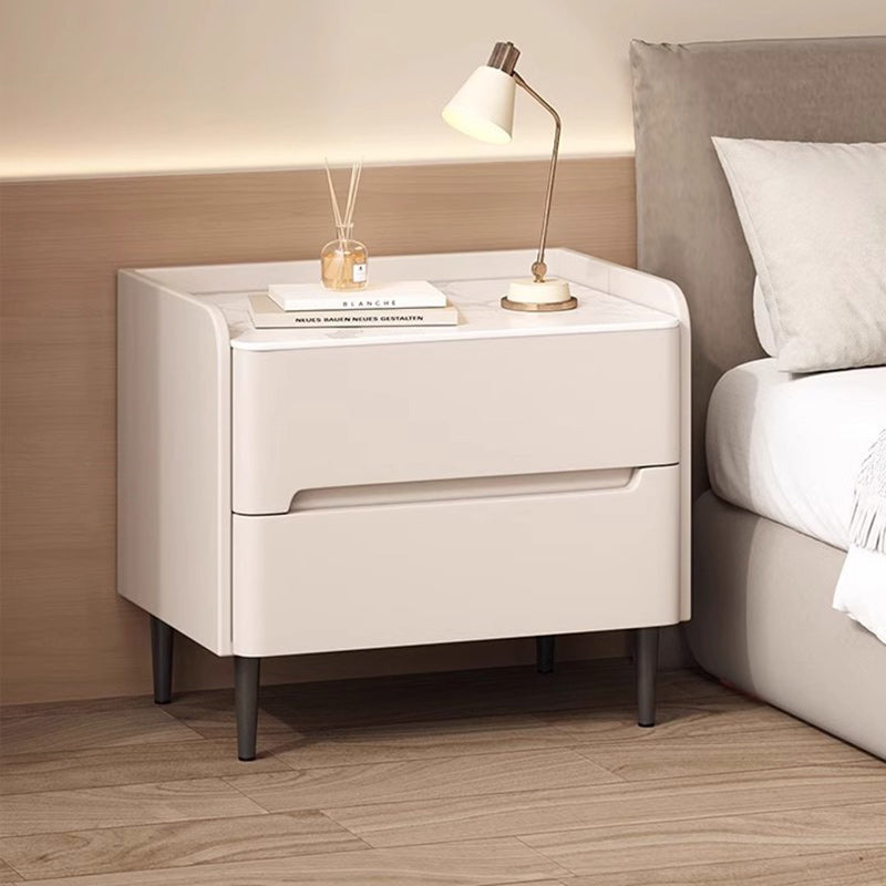 Modern Luxury Sintered Stone Faux Leather Wood Cylindrical Rectangular Nightstand 2-Drawer For Bedroom