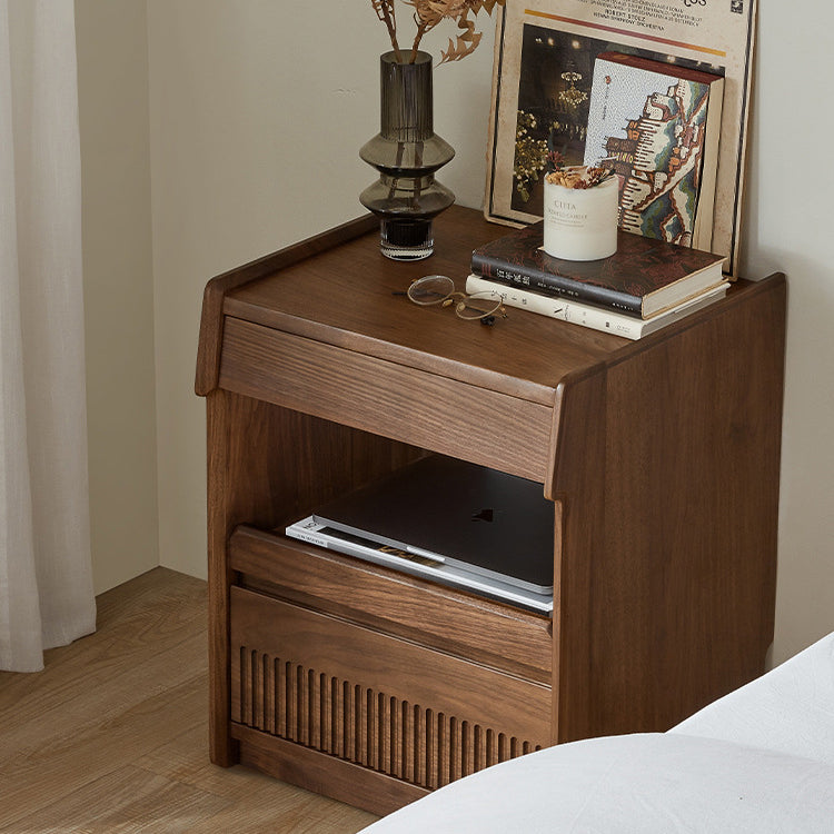 Traditional Vintage Black Walnut Grain Rectangular Nightstand With 2 Drawers For Bedroom