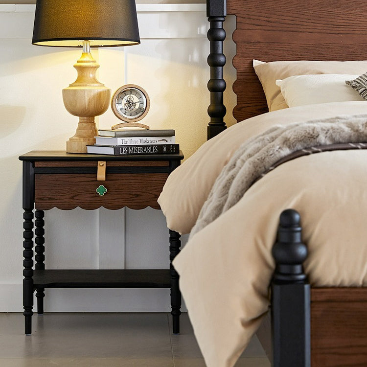 Traditional Vintage Solid Wood Wavy Square Cylinder Nightstand 2-Tier For Bedroom