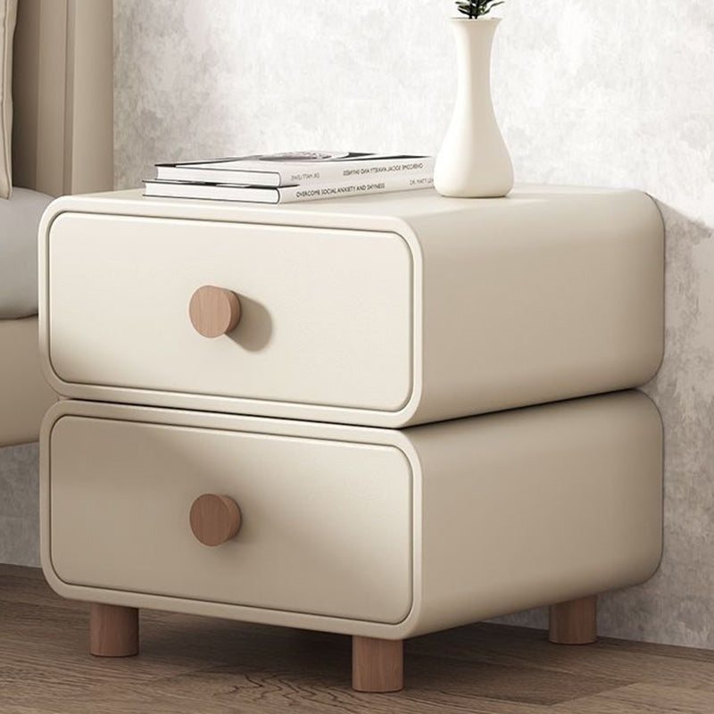 Modern Minimalist Faux Leather Solid Wood Rounded Nightstand With 2-Drawers For Bedroom