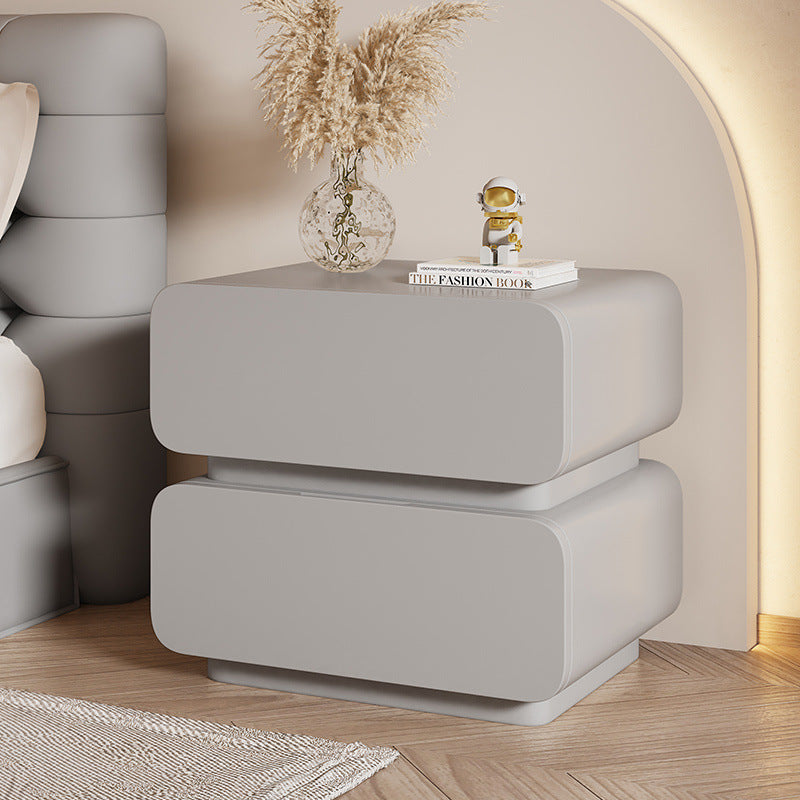 Modern Minimalist Soft Faux Leather Solid Wood Rounded Nightstand With 2 Drawers For Bedroom
