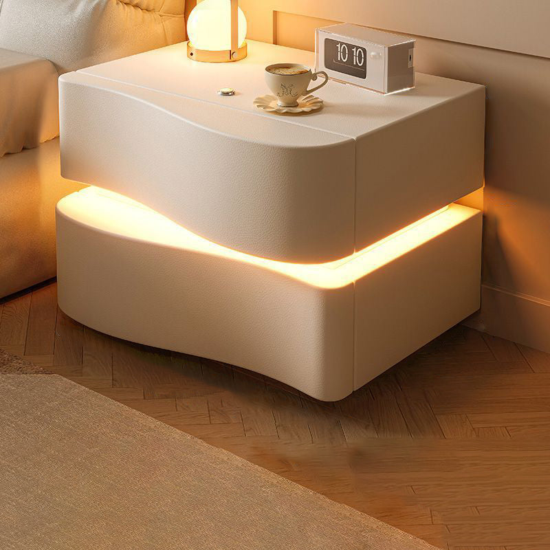 Contemporary Creative Napa Leather Solid Wood Metal Curved Square Nightstand With 2 Drawers For Bedroom
