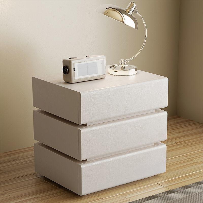 Contemporary Scandinavian Solid Wood Microfiber Leather Metal Rounded Rectangle Nightstand With 2/3 Drawers For Bedroom