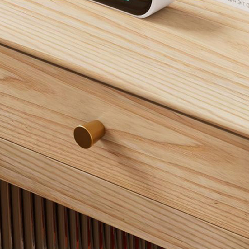Traditional Japanese Solid Wood Glass Brass Textured Square Nightstand 2-Drawer For Bedroom