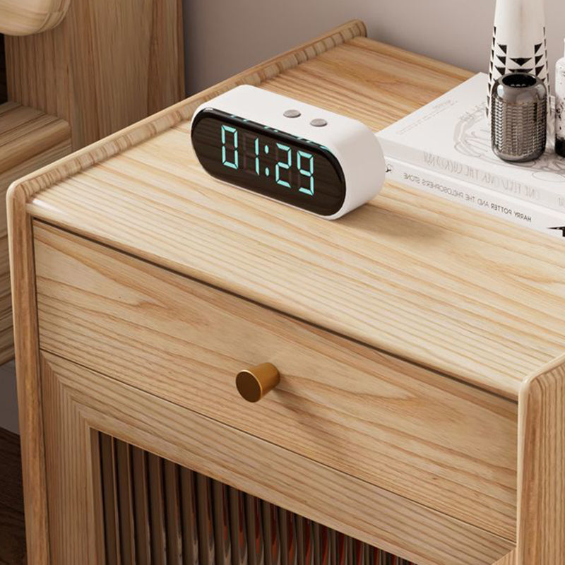 Traditional Japanese Solid Wood Glass Brass Textured Square Nightstand 2-Drawer For Bedroom