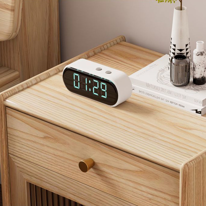 Traditional Japanese Solid Wood Glass Brass Textured Square Nightstand 2-Drawer For Bedroom