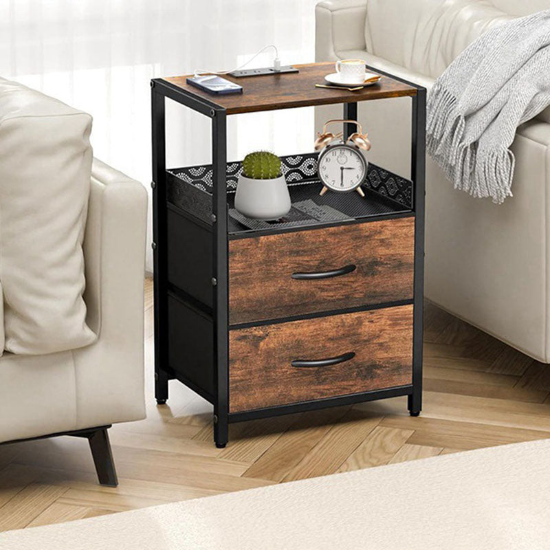 Traditional Vintage Solid Wood Metal Textured Rectangular Side Table With 2 Drawers For Bedroom