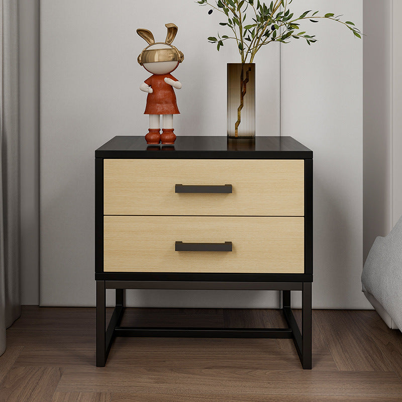 طاولة جانبية مربعة معدنية حديثة وبسيطة من الخشب الهندسي مع درجين لغرفة النوم