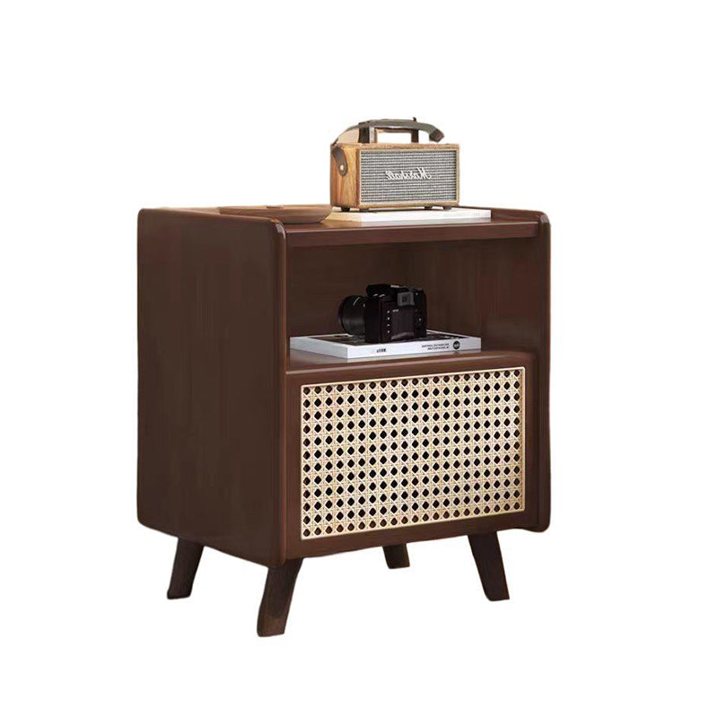 Traditional Chinese Solid Wood Rattan Square Cylinder Hollow Nightstand With 1-Drawer For Bedroom