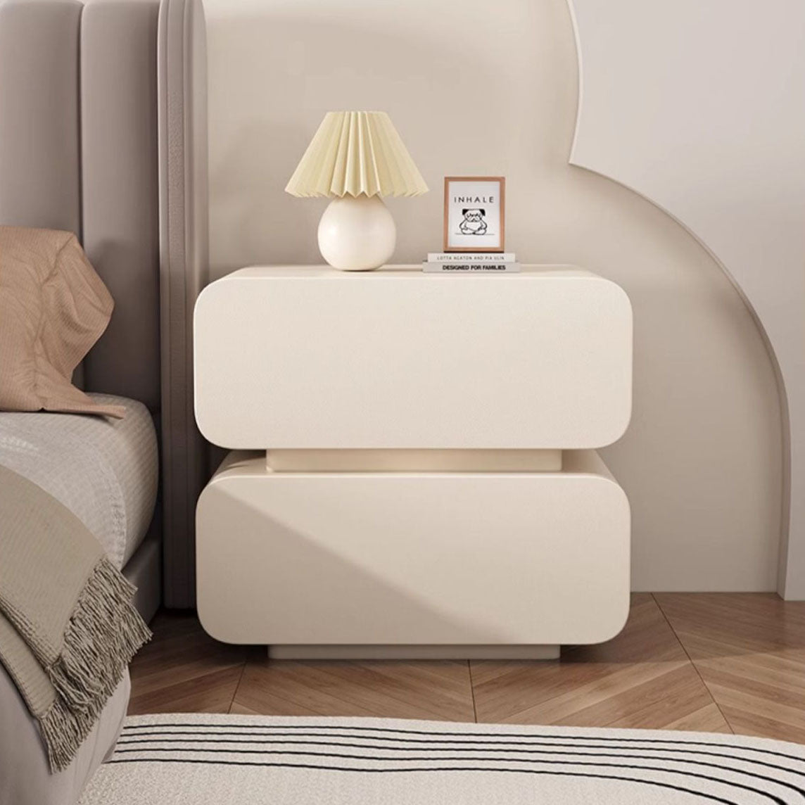 Modern Minimalist Nappa Leather Solid Wood Rounded Rectangular Nightstand With 2 Drawers For Bedroom