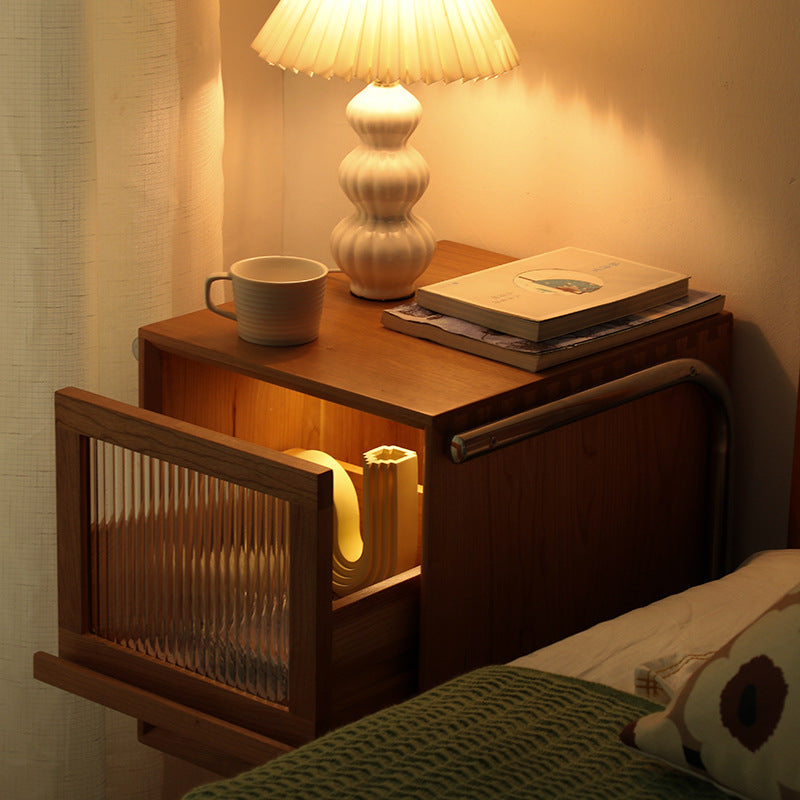 Traditional Japanese Rattan Glass Solid Wood Stainless Steel Rectangular Bedside Table With 2-Drawer For Bedroom