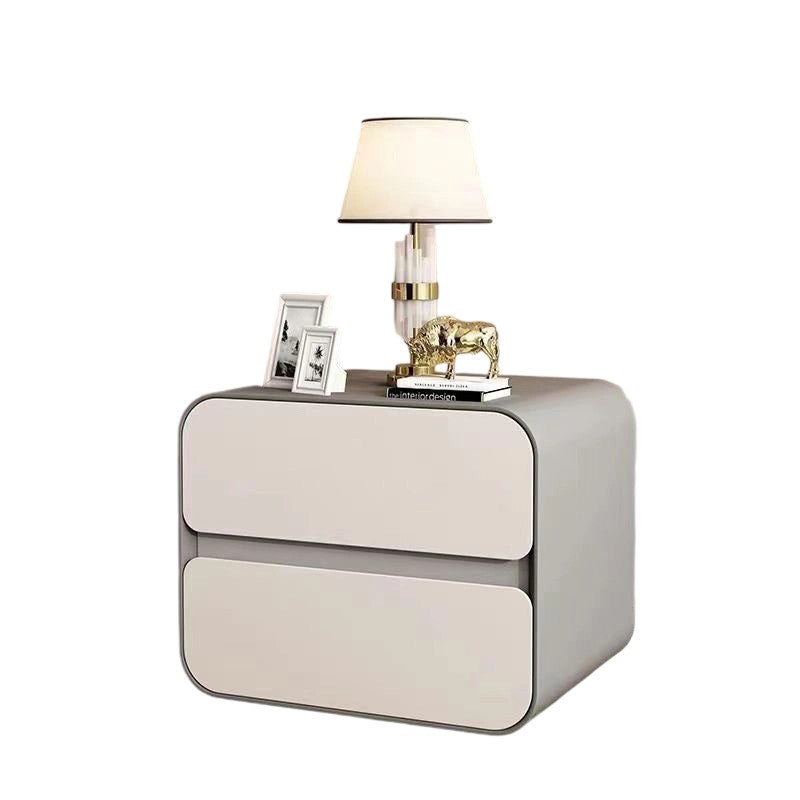 Modern Minimalist Microfiber Leather Solid Wood Curved Square Nightstand With 2 Drawers For Bedroom