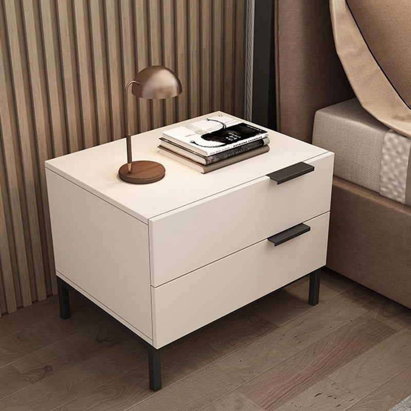 Modern Minimalist Solid Wood Carbon Steel Metal Square Rectangular Nightstand With 2 Drawers For Bedroom