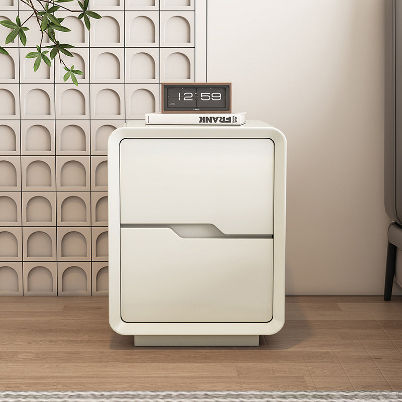 Contemporary Scandinavian Solid Wood Metal Rounded Rectangular Nightstand With 2 Drawers For Bedroom