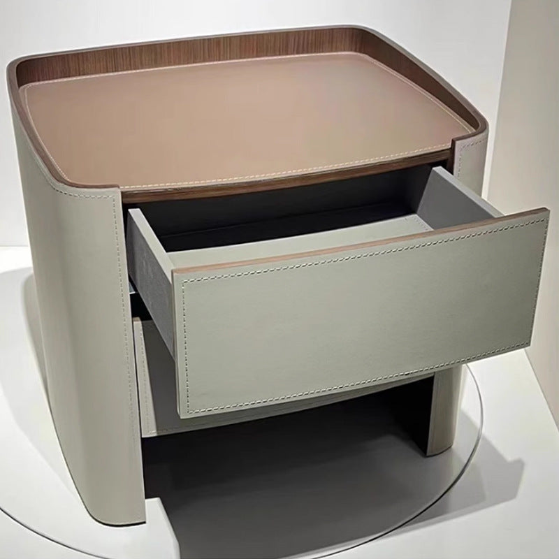 Contemporary Scandinavian Solid Wood Board Saddle Leather Metal Rounded Square Nightstand With 2 Drawers For Bedroom
