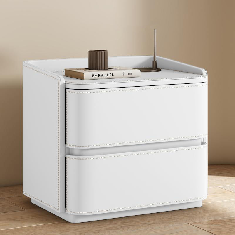 Contemporary Creative Saddle Leather Pine Wood Rounded Square Nightstand With 2 Drawers For Bedroom
