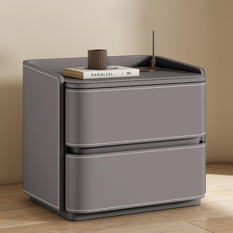 Contemporary Creative Saddle Leather Pine Wood Rounded Square Nightstand With 2 Drawers For Bedroom