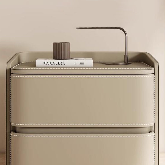 Contemporary Creative Saddle Leather Pine Wood Rounded Square Nightstand With 2 Drawers For Bedroom