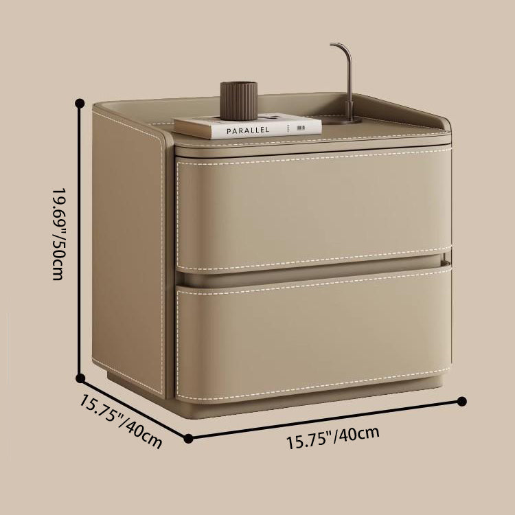 Contemporary Creative Saddle Leather Pine Wood Rounded Square Nightstand With 2 Drawers For Bedroom