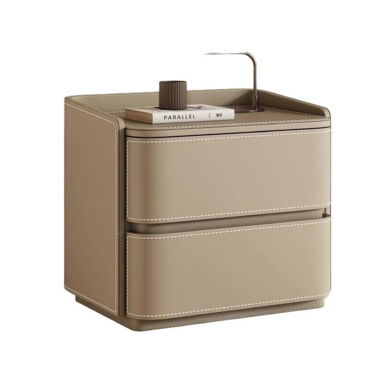 Contemporary Creative Saddle Leather Pine Wood Rounded Square Nightstand With 2 Drawers For Bedroom