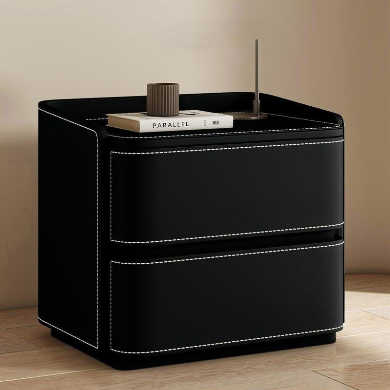 Contemporary Creative Saddle Leather Pine Wood Rounded Square Nightstand With 2 Drawers For Bedroom