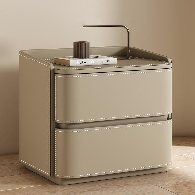 Contemporary Creative Saddle Leather Pine Wood Rounded Square Nightstand With 2 Drawers For Bedroom