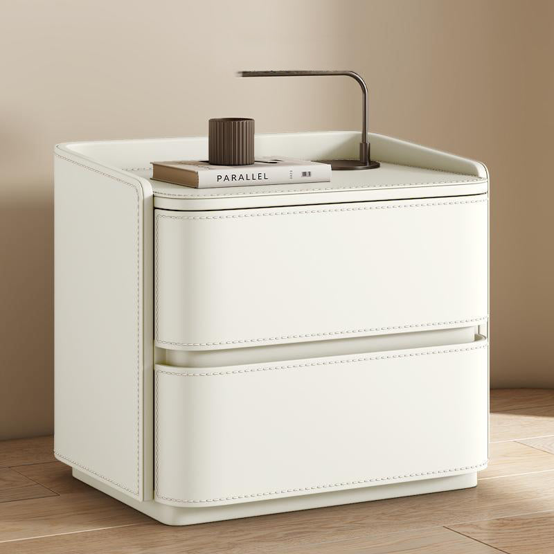 Contemporary Creative Saddle Leather Pine Wood Rounded Square Nightstand With 2 Drawers For Bedroom