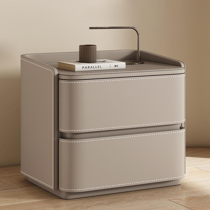 Contemporary Creative Saddle Leather Pine Wood Rounded Square Nightstand With 2 Drawers For Bedroom