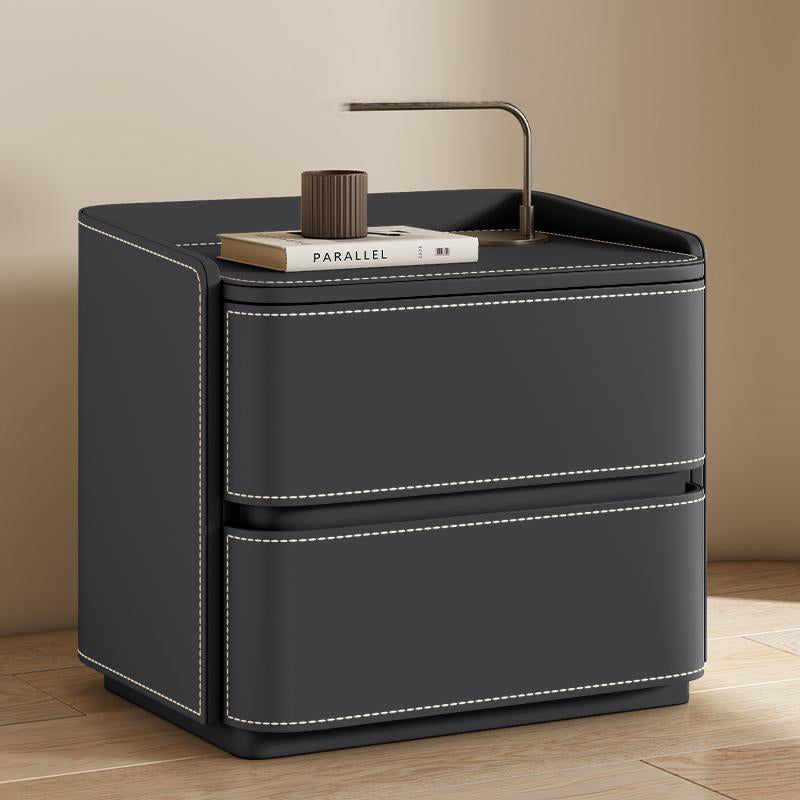 Contemporary Creative Saddle Leather Pine Wood Rounded Square Nightstand With 2 Drawers For Bedroom