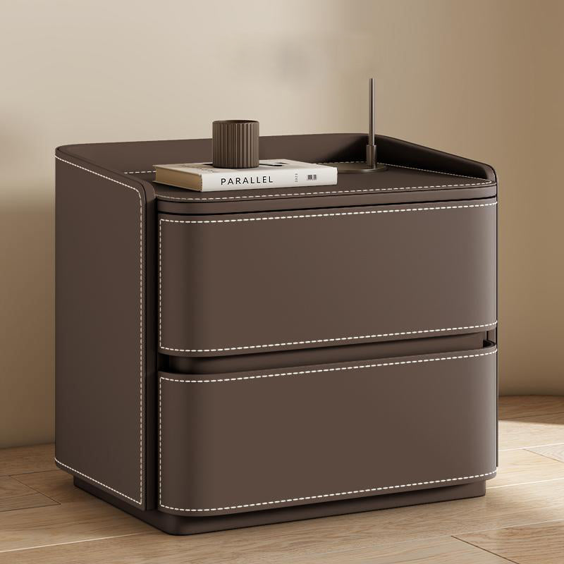 Contemporary Creative Saddle Leather Pine Wood Rounded Square Nightstand With 2 Drawers For Bedroom