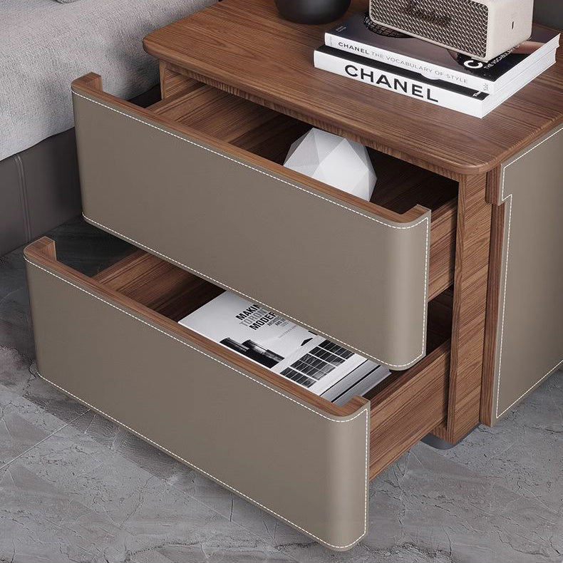 Modern Luxury Saddle Leather Solid Wood Rounded Square Nightstand With 2 Drawers For Bedroom