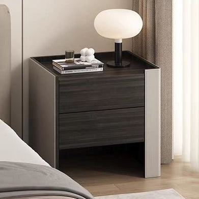 Contemporary Creative Solid Wood Saddle Leather Square Rounded Nightstand With 2 Drawers For Bedroom