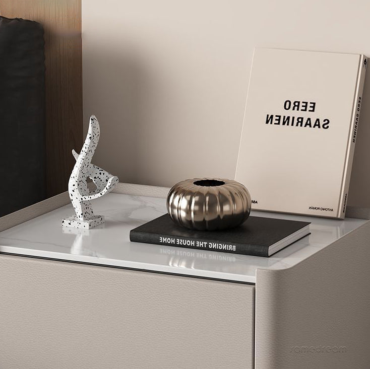Modern Luxury Sintered Stone Solid Wood Cat-Scratch Leather Rounded Square Nightstand With 2 Drawers For Bedroom