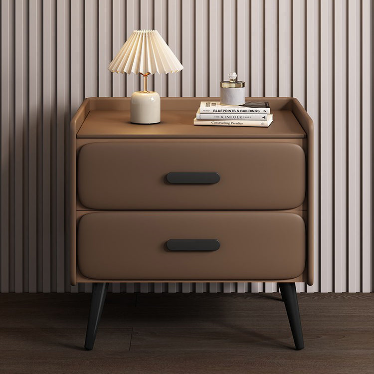 Contemporary Scandinavian Nappa Leather Metal Pine Rounded Rectangle Nightstand With 2 Drawers For Bedroom