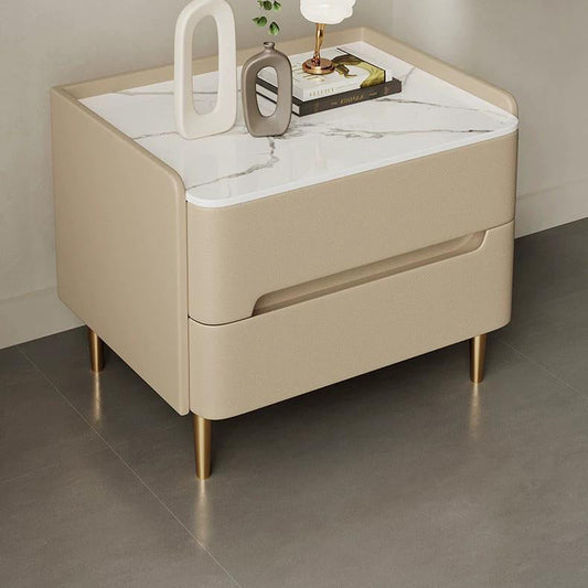 現代的なスカンジナビアの焼結石、猫の爪とぎレザー、無垢材、ステンレススチール、丸みを帯びた四角いシリンダーナイトスタンド、寝室用引き出し2つ付き