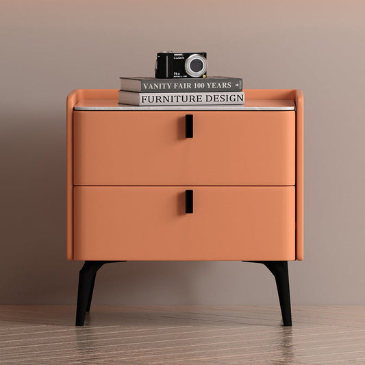 現代的なスカンジナビア焼結石マイクロファイバーレザー無垢材カーボンスチール鎌脚丸みを帯びた正方形ナイトスタンド2引き出し付き寝室用