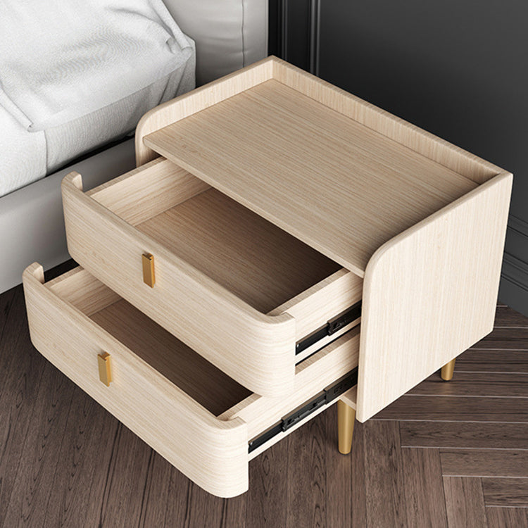 Contemporary Scandinavian Sintered Stone Microfiber Leather Solid Wood Carbon Steel Scythe-Leg Rounded Square Nightstand With 2 Drawers For Bedroom