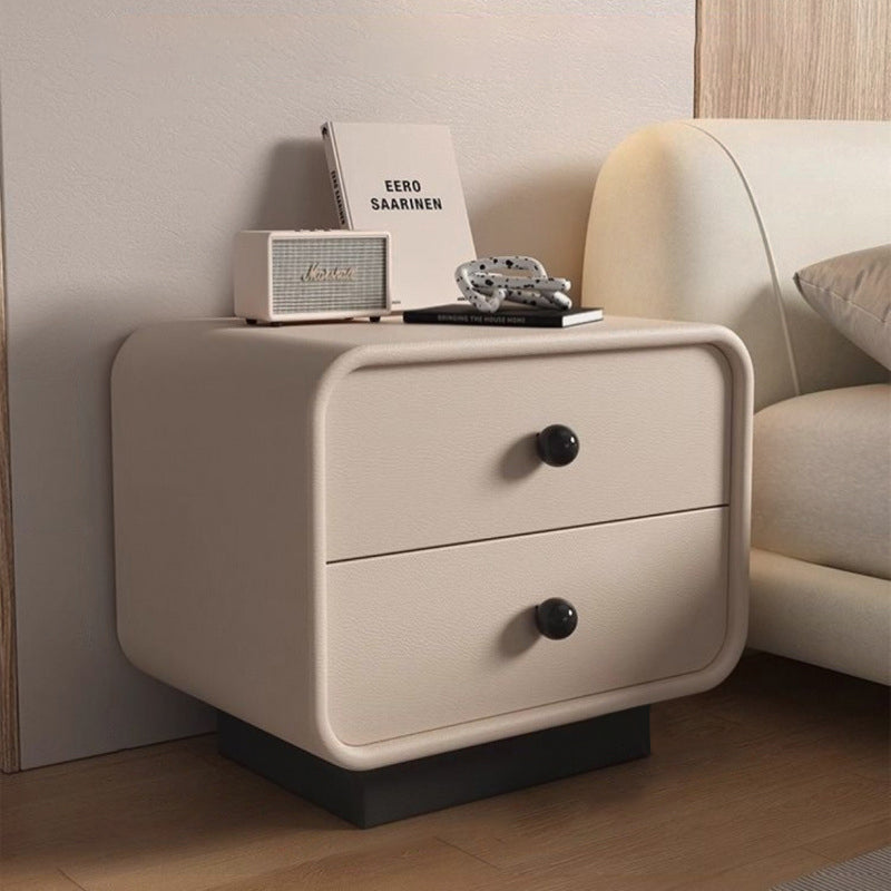 Modern Minimalist Cat-Scratch-Resistant Leather Solid Wood Rounded Square Nightstand 2-Drawer For Bedroom